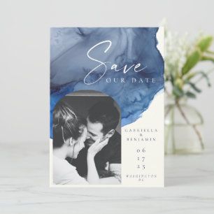 Personlig Foto Navy Blue Watercolor Bröllop Spara Datumet