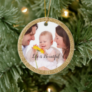 Personlig foto och citat från Guld Glitter Ram Julgransprydnad Keramik
