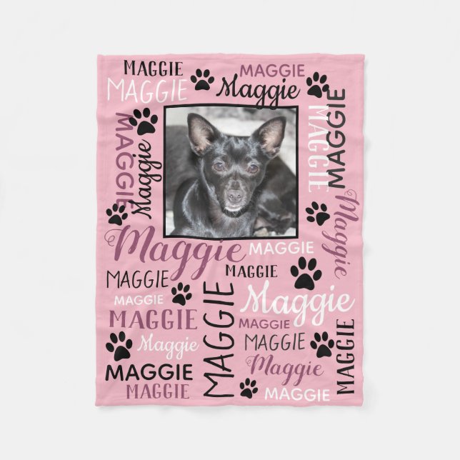 Personlig Foto och Namn | Rosa Hund Blanket Fleecefilt (Framsidan)
