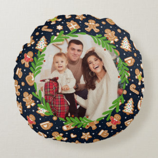 Personlig Foto Söt Pepparkaksjul Navy Rund Kudde
