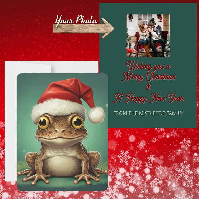 Personlig fotofråga | Whimsical Brun Groda Jul Julkort (festive photo Christmas card, brown frog classic Santa Hat. Personalised family photo holiday card)