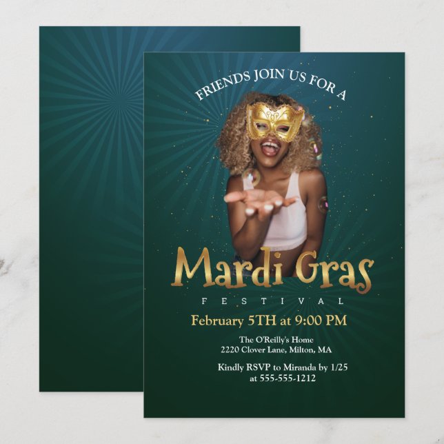 Personlig Fotografi Guld Masquerade Mask Mardi Gra Inbjudningar (Fram/baksida)