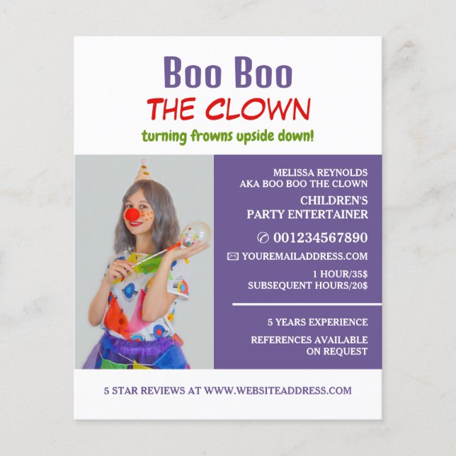 Personlig Fotografi, Kids Entertainer, Clown Flygblad (Framsidan)