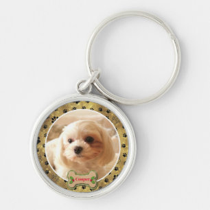Personlig Fotohund - Design med tassavtryck Rund Silverfärgad Nyckelring