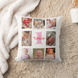 Personlig fotokollage med babys namn och monogramp kudde