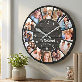 Personlig fotokollage svart trä familj rund klocka