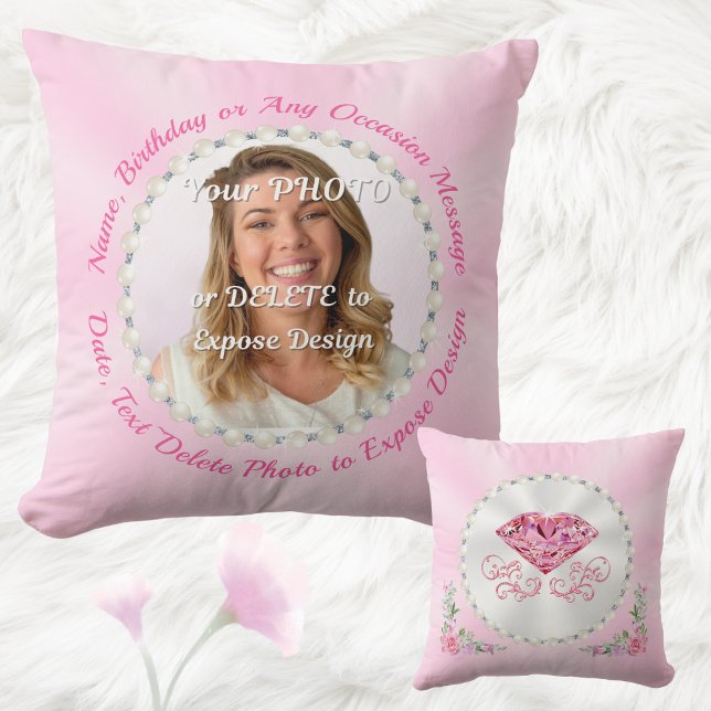 Personlig Fotokudde, Rosa Födelsedagspresenter Kudde (Pink Throw Pillow. Photo birthday gifts. Pink birthday presents. Light Pink birthday gifts. Picture.)