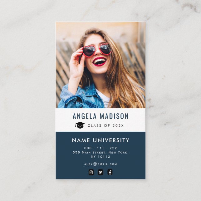 personlig Fotot - marin blå studenten infogning Visitkort (Framsida)