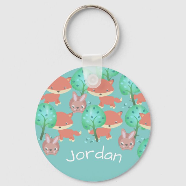 Personlig Fox och Bunny Woodland Mönster Nyckelring (Framsida)