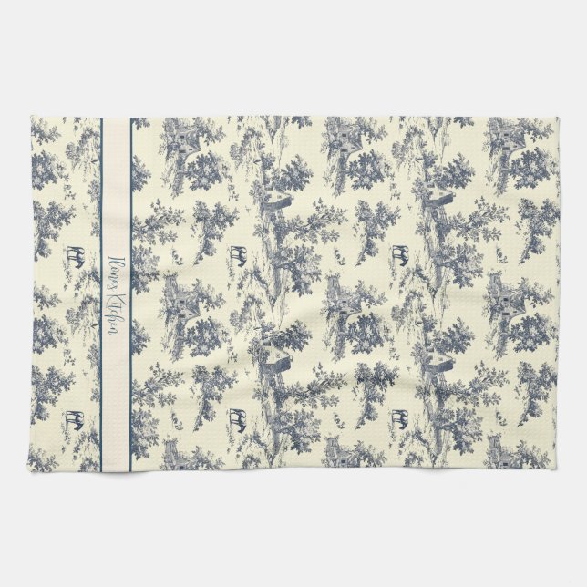 Personlig Fransk Farmhouse Blue "Toile de Jouy" Kökshandduk (Horisontell)