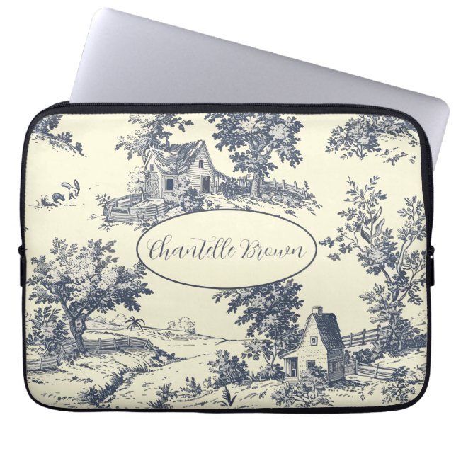 Personlig Fransk Farmhouse Blue Toile de Jouy Laptop Fodral (Framsidan)