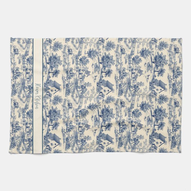 Personlig Fransk Farmhouse Blue Toile Print Kökshandduk (Horisontell)