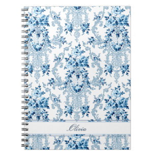 Personlig Fransk Rococo Blue & White Blommigt Anteckningsbok