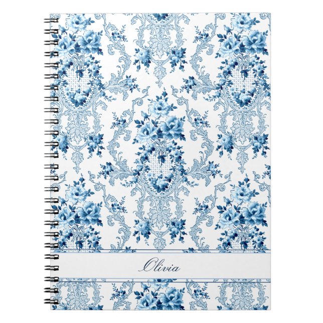 Personlig Fransk Rococo Blue & White Blommigt Anteckningsbok (Framsidan)