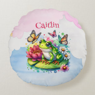 Personlig Frog, Flowers och Butterflies Baby Rund Kudde