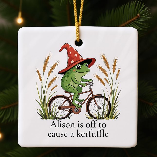 Personlig Frog på Bike Kerfuffle Funny Julgransprydnad Keramik (Skapare uppladdad)