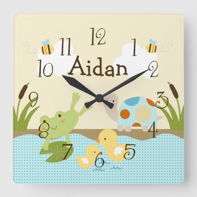 Personlig Frog på dammen/sköldpadden Nursery Clock Fyrkantig Klocka (Framsida)