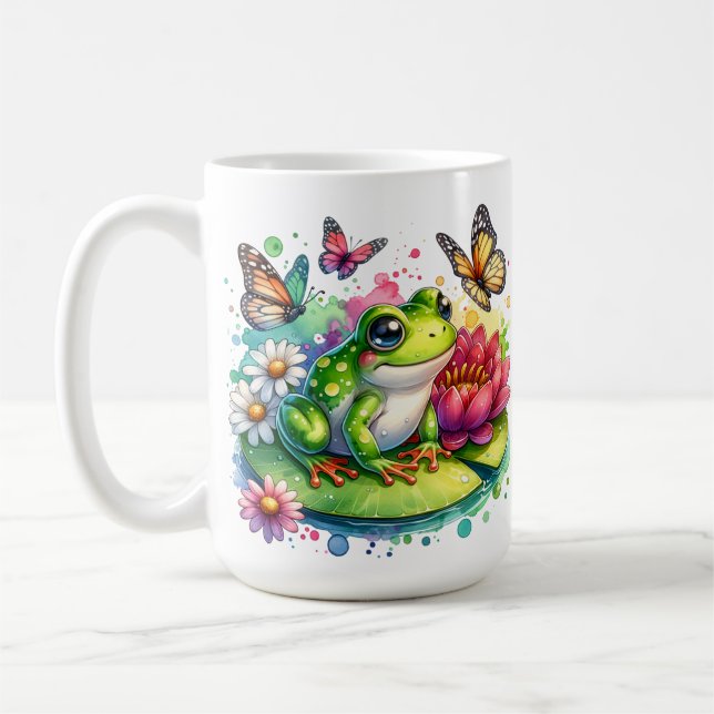 Personlig Frog with Flowers on Lilypad Kaffemugg (Vänster)