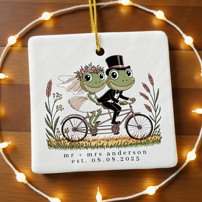 Personlig Frogs på Bike Bröllop Giftermål Julgransprydnad Keramik (Skapare uppladdad)