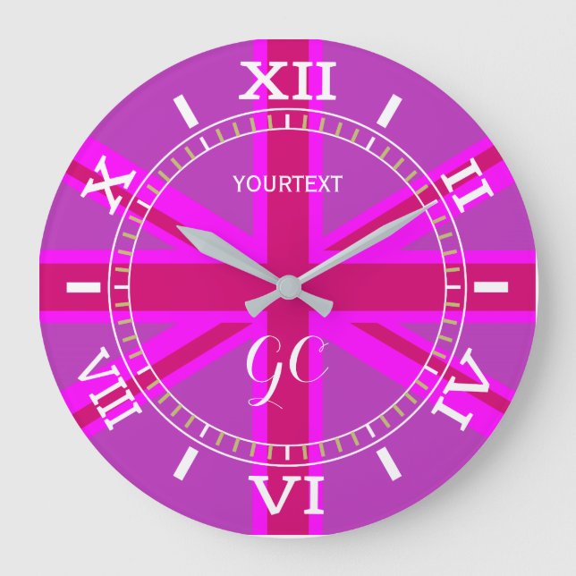 Personlig Fuchsia Union Jack British Flagga Dial Stor Klocka (Framsida)
