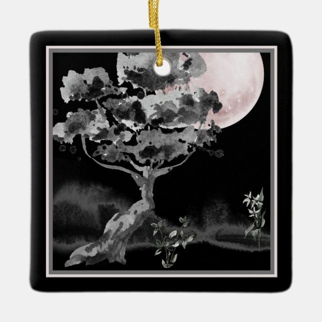 Personlig Full Moon och Träd japansk jul Julgransprydnad Keramik (Framsida)