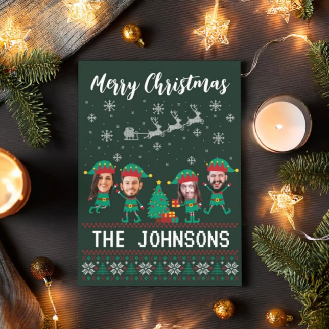 Personlig Funny Ansikte Photo jul Elf-familjen Julkort (Skapare uppladdad)