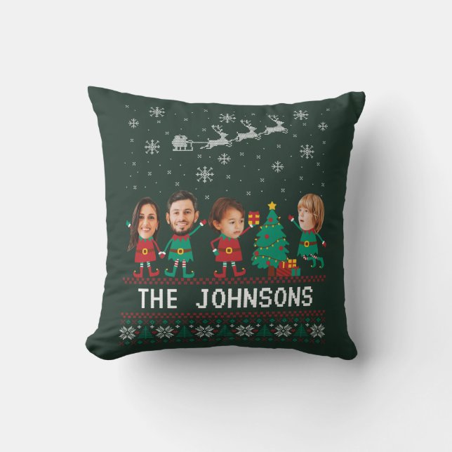Personlig Funny Ansikte Photo jul Elf-familjen Kudde (Framsida)