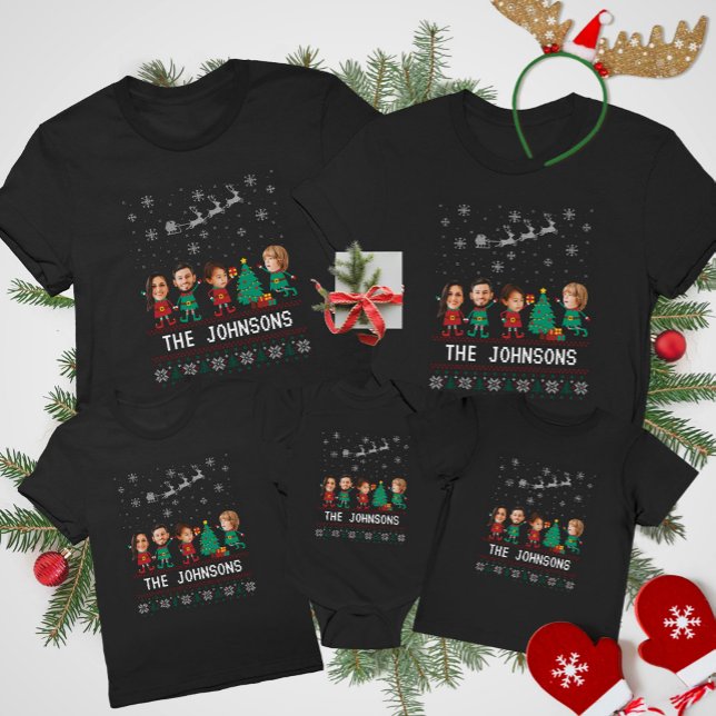 Personlig Funny Ansikte Photo jul Elf-familjen T Shirt (Skapare uppladdad)