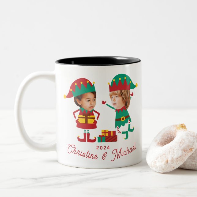 Personlig Funny Ansikte Photo jul Elf-familjen Två-Tonad Mugg (Med munk)