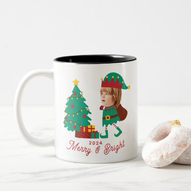 Personlig Funny Ansikte Photo jul Elf-familjen Två-Tonad Mugg (Med munk)