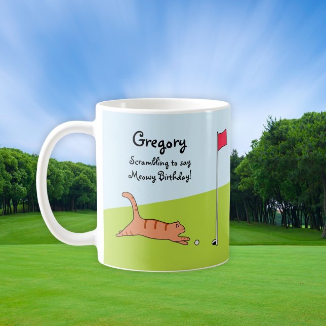 Personlig Funny Birthday Tecknad Cat Golf Joke Kaffemugg (Skapare uppladdad)