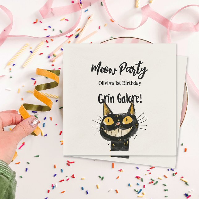 Personlig Funny Black Kattunge Födelsedagsfest Pappersservett (Personalized Funny Black Kitty Birthday Party Napkins)