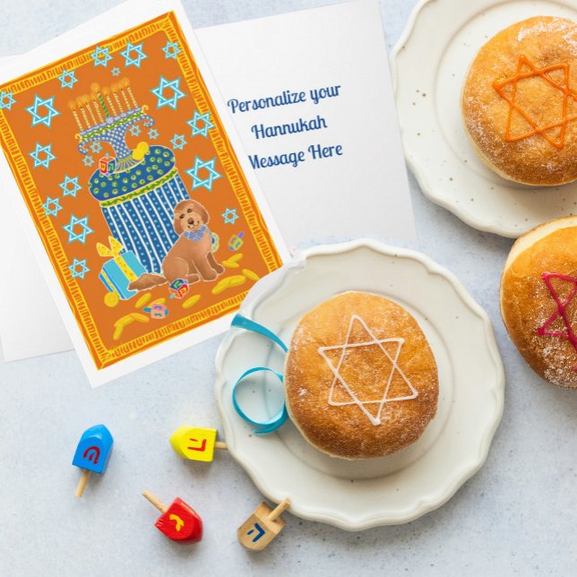 Personlig Funny Doodle Hund Tan Hund Hanukkah Kort (Happy funny Doodle Dog on this card!)