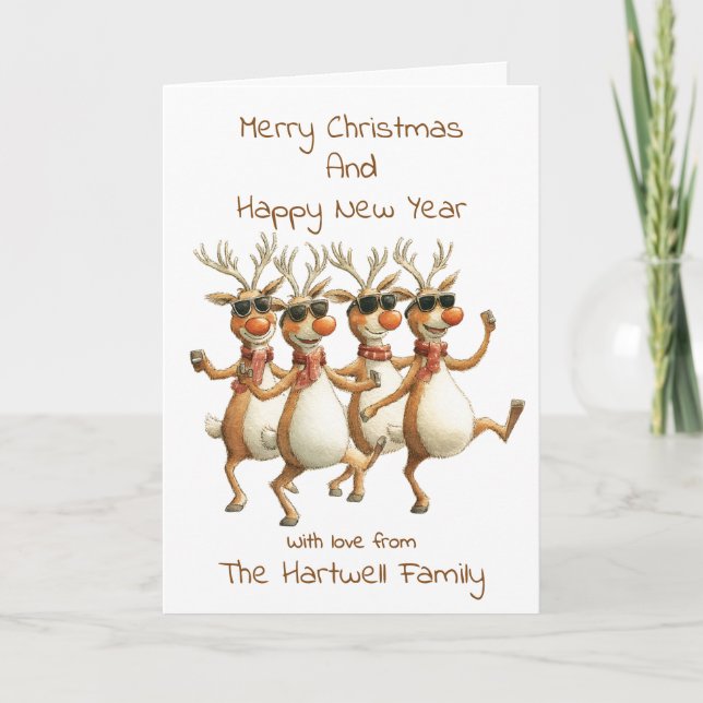 Personlig Funny Watercolor Reindeer Family Helgkort (Framsida)