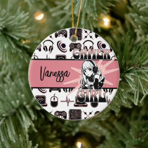 Personlig Gamer Girl Spelande Julgransprydnad Keramik