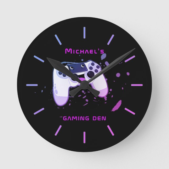 Personlig GAMING DEN Gamers Wall Clock Neon Rund Klocka (Framsida)