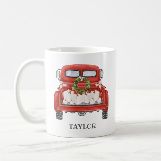 Personlig gammal röd lastbil jul kaffemugg (Vänster)