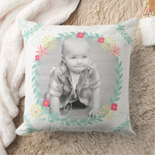 Personlig Garland Blommigt Baby Photo Kudde
