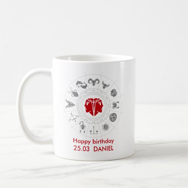 Personlig Gemini Zodiac Birthday Gift Kaffemugg (Vänster)