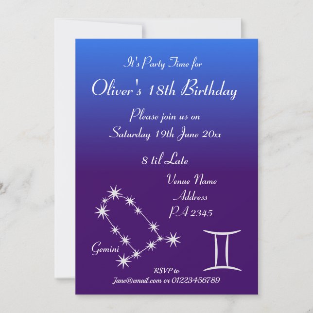 Personlig Gemini Zodiac Galaxy Party-inbjudan Inbjudningar (Framsida)