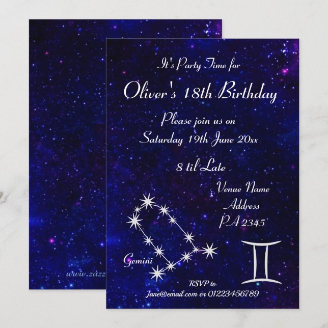 Personlig Gemini Zodiak Galax Fest Inbjudningar (Fram/baksida)