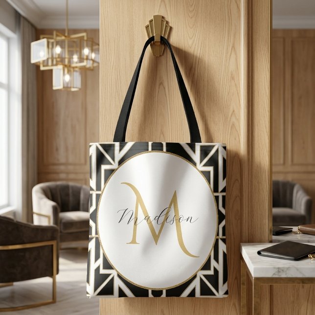 Personlig geometrisk svart vit guldmonogram  tygkasse (Skapare uppladdad)