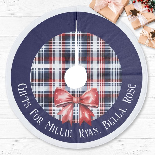 Personlig GER För barn Namn marinens rödspätteskoc Julgransmatta Fleece (Personalized Gifts For Kids Name Navy Red Plaid Tartan Fleece Tree Skirt Christmas Farmhouse family )