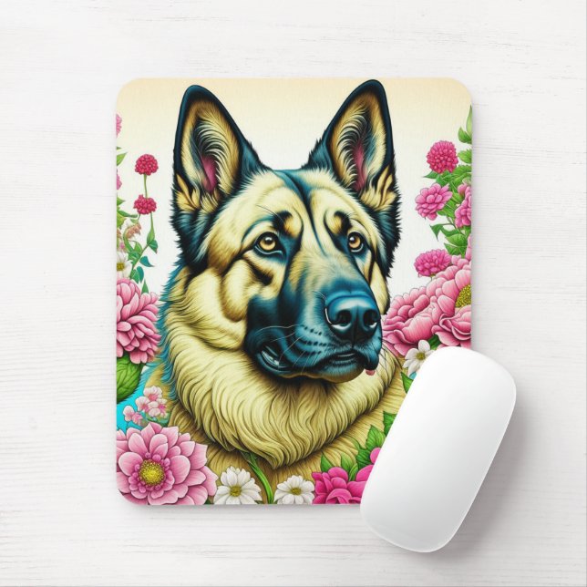 Personlig German Shepherd and Whimsical Flowers Musmatta (Med mus)