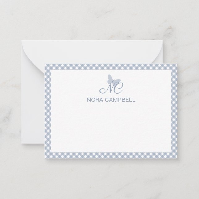 Personlig Gingham Dusty Blue Elegant Monogram Anteckningskort (Framsida)