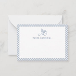 Personlig Gingham Dusty Blue Elegant Monogram Anteckningskort