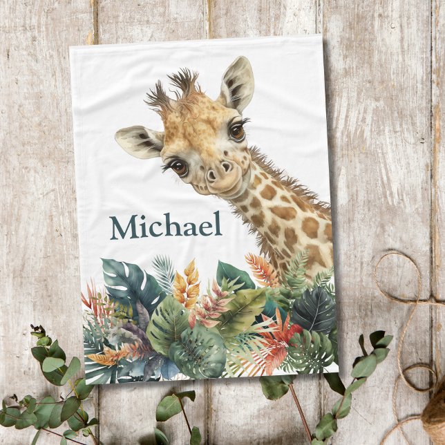 Personlig Giraffe Cute Watercolor Nursery Baby Fleecefilt (Personalized Giraffe Baby Blanket. 30x40 inches.)