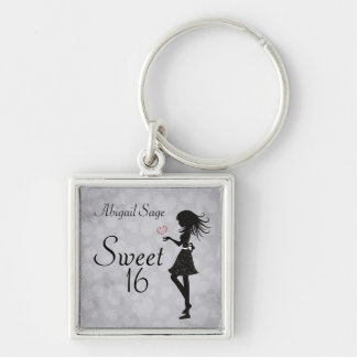 Personlig Girl and Hearts Sweet 16 Keychain Fyrkantig Silverfärgad Nyckelring