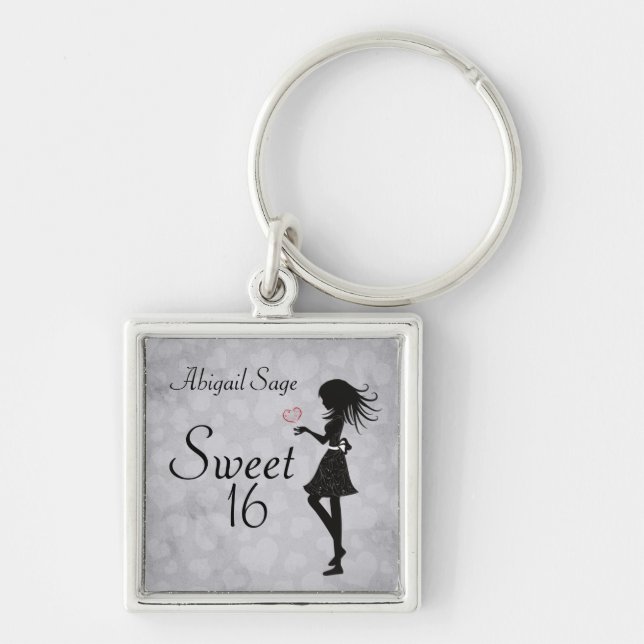Personlig Girl and Hearts Sweet 16 Keychain Fyrkantig Silverfärgad Nyckelring (Framsidan)