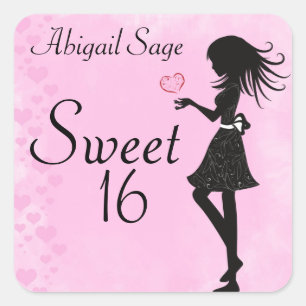 Personlig Girl and Hearts Sweet 16 Stickers Fyrkantigt Klistermärke
